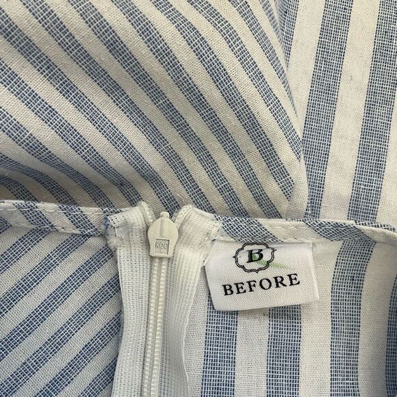 Before Womens Size Medium Sleeveless Bliuse Blue White Stripe Button Details - Picture 10 of 12
